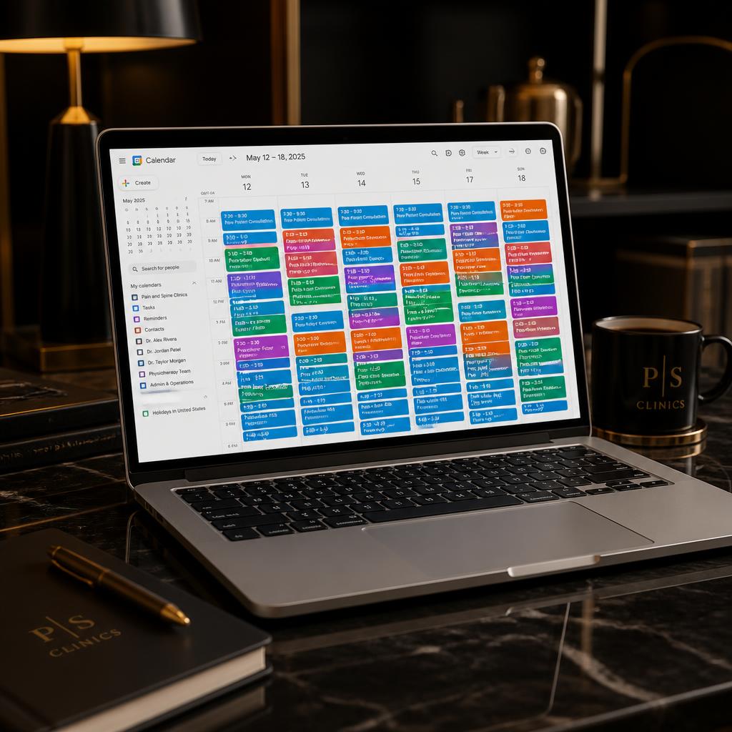 Agenda do Dr. Marcelo Moscardini exibida no Google Calendar, com semana repleta de consultas confirmadas
